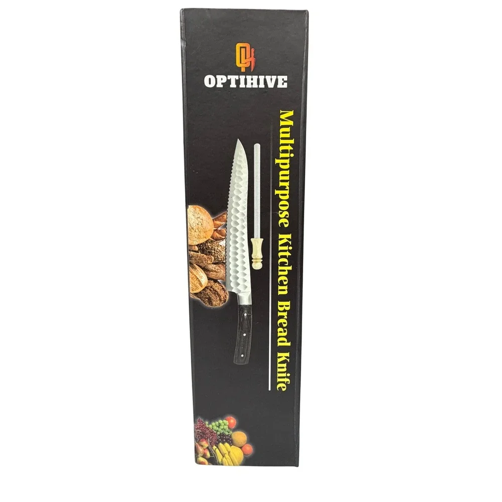 Optihive‎ Kitchen Bread Knife Hammered Stainless Steel with Sharpener NEW